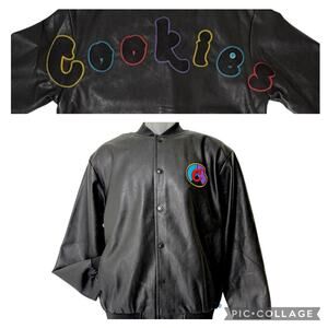 NEW COOKIES Brand Multicolor Logo Black Faux Leather Bomber Jacket Men's Small